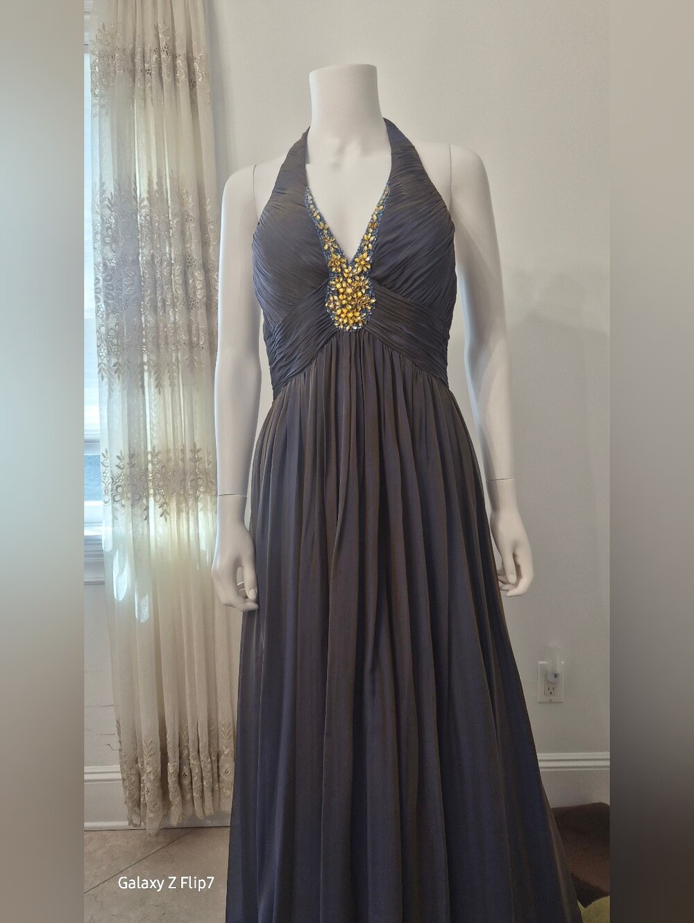 Charcoal Blue Halter Prom Gown with Gold Embellished V-Neck